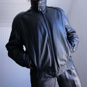 Great 80s/90s Pelle Cuir black leather funnel neck bomber jacket